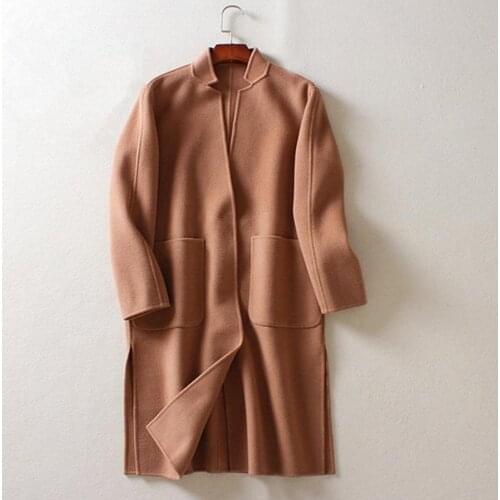 Double sided woolen fabrics hand-made womens autumn winter thick overcoat mid long single button hem-open S-3XL