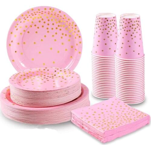 Quality Pink Stamping Gold Dot Disposable Tableware Wedding Birthday Party Bridal Shower Girl Baby Shower Favor Mothers Day