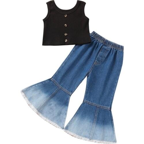 2PCS Set Kids Baby Girl Sleeveless Tank Tops Denim Jeans Flared Pant Bell Bottom Fashion Children Girls Clothes