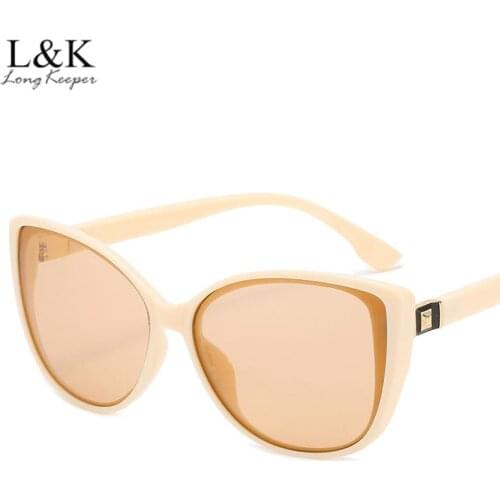 LongKeeper Vintage Cat Eye Sunglasses Women Fashion Brand Designer Gradient Sun Glasses Ladies Beige Tea Eyewear Shades UV400