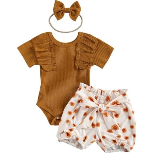 3 Pcs Newborn Baby Girls Casual Outfits Baby Short Sleeve Round Neck Ruffle Rompers Printed Shorts with Bowknot Headband Sets