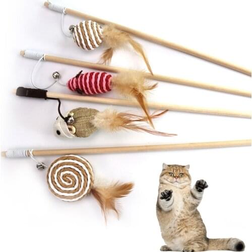 Cartoon Pet Cat Teaser Toys Feather Wood Rod Mouse Toy With Mini Bell Cat Catcher Teaser Wooden Stick Cat Interactive Toys