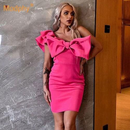 2020 Autumn Fashion New Womens Dress Sexy Sleeveless One Shoulder Bow Bodycon Club Celebrity Evening Party Mini Vestidos