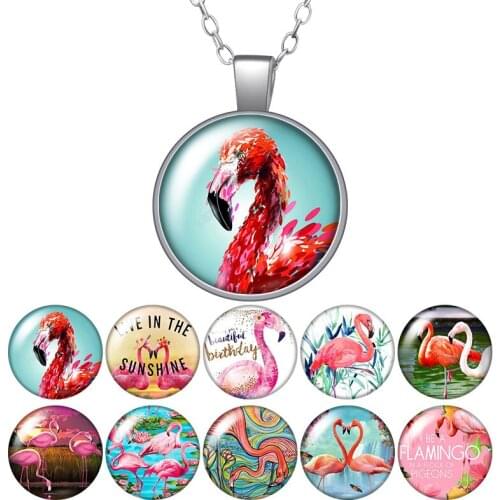 Flamingo animals Loyalty and Love Round Pendant Necklace 25mm Glass Cabochon Silver color Jewelry Women Party Birthday Gift 50cm