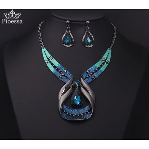 Pioessa African Dubai Blue Bridal Jewelry Sets for Women Bracelet Earrings Wedding Party Crystal Necklace Earrings Jewelry Sets