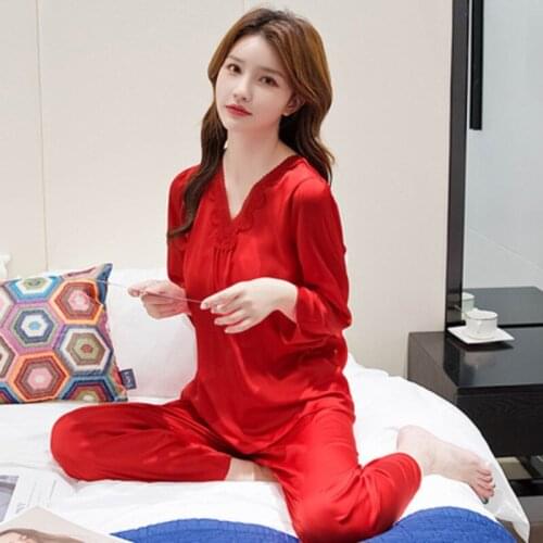 2020 Ice Silk Sexy Pijamas Women Summer Plus Size Thin Clothes Two-piece Set Long Sleeve Spring Autumn V-neck Solid Home Wear