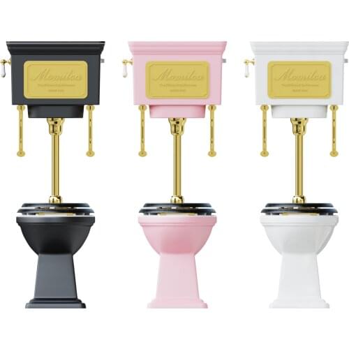 Retro classic medium level metal toilet with golden silver solid wood cover