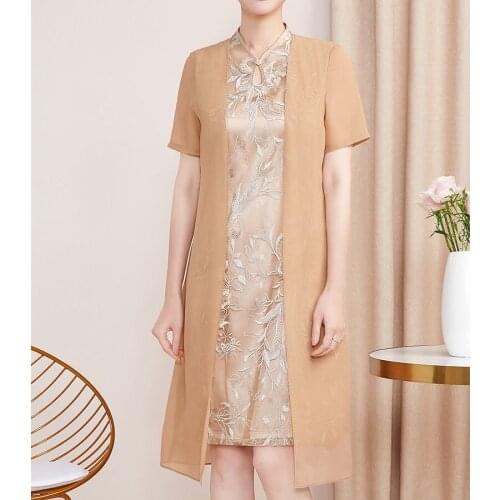 New High Quality Mother Of the Bride Dresses Two Pieces Elegant Chiffon Floral Printed Summer Short Sleeve Formal Prom Gowns