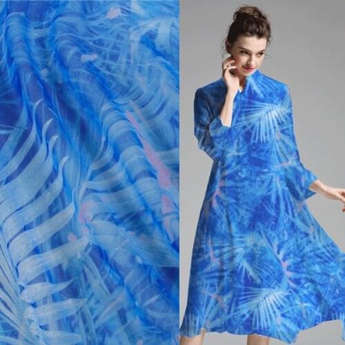 Blue leaves and floral design 100% pure silk georgette gauze silk fabric,SCG394