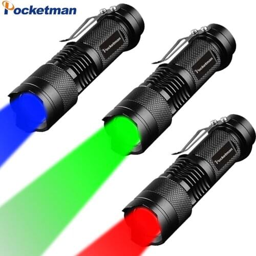 Red/Blue/Green Light LED Flashlight Mini Torch Portable Pocket Hand Light Zoomable Flashlight Use 14500 Battery Waterproof Torch