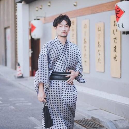Traditional Japan Kimono Yukata Mens Dressing Gown Male samurai clothes lattice style