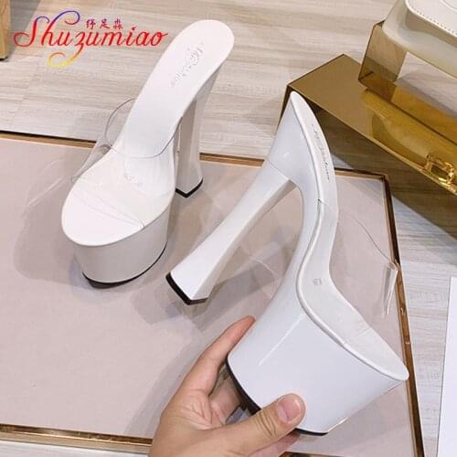 New 8 Color Womens High Heel Sandals 2021 Summer Transparent PVC Sexy Wedding Slippers 20CM Platform Thick Heel Shoes Size 43