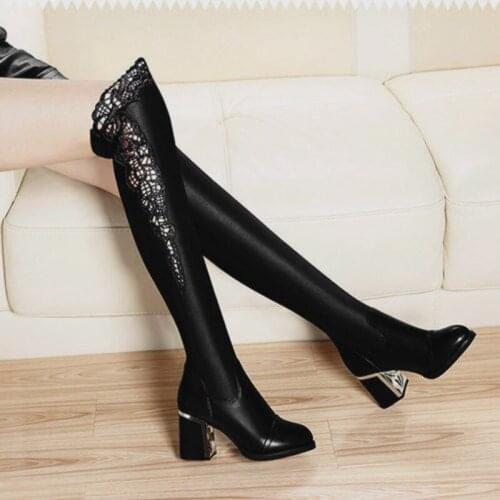 Women leather bling tube fashion boots sexy hollow lace weave side chelsea booties brief chunky over-the-knee knight boots shoes