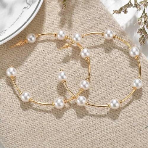 2021 Simple Korean Plain Gold Metal Pearl Hoop Earrings For Women Unique Statement Big earings Fashion Brincos Party Jewelry