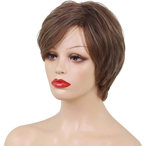 Women Short Wig Human Hair & Bangs Straight Layered Brown Highlight Cosplay Full Wigs with Wig Cap