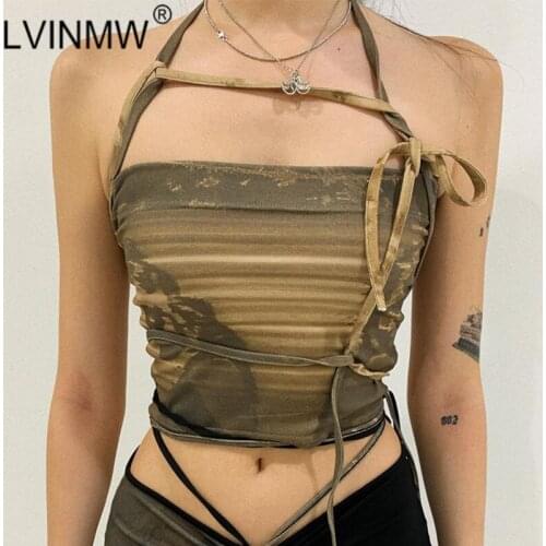 LVINMW Vintage Slim Printed Halter Lace Up Sleeveless Crop Top Backless Navel Sexy Fashion Designed Tank Tops Women Streetwear