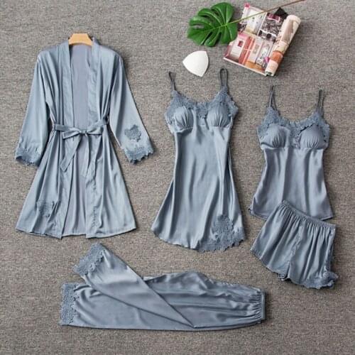 5 Pieces Satin Sleepwear Pijama Women Pajamas Silk Home Wear Home Clothing Embroidery Sleep Lounge Pyjama with Chest Pads