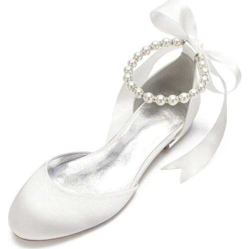 Satin Pearls Wedding Flats for Bride Round Toe Ribbon Tie Prom Evening Formal Party Dress Shoes Flat Women