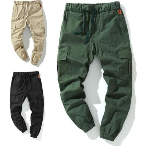 Cargo Pants Solid Color Multi Pockets Men Ankle Tied Drawstring Pants Joggings Sport Solid Baggy Pockets Trousers for Sports