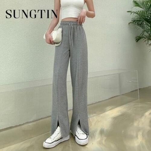 Sungtin Loose Wide Leg Pants Women Sweatpants Split Casual Pants Korean Chic Cozy Black Straight Trousers Plus Size 4XL New 2021