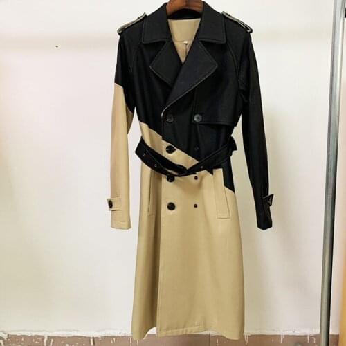 Khaki Long Trench Coat Women New Autumn Winter 2021 Asymmetrical PU Leather Stitching Belt Long Windbreaker Jackets High Quality