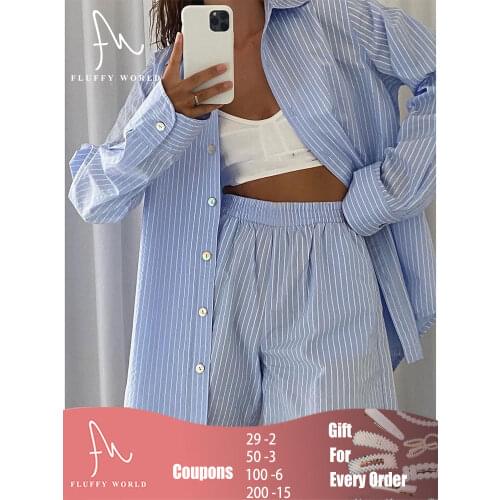 2021 Summer Autumn Fashion Women Tracksuit Stripe Long Sleeve Shirt Tops And Loose High Waisted Mini Shorts 2 Piece Shorts Set