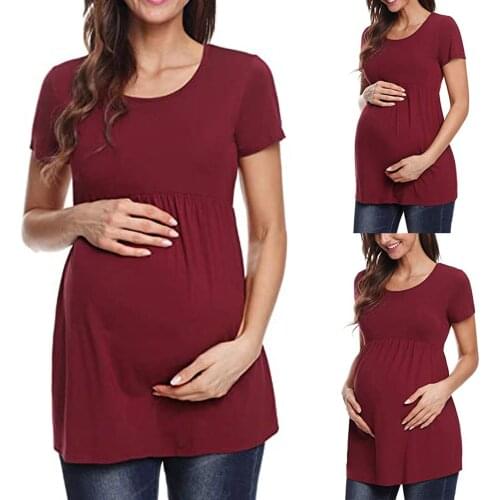 Summer Women Maternity Short Sleeve Fashion Round Neck Solid Color Breathable Tops Pregnancy T-shirt Elegant Pregnant Clothes#g4