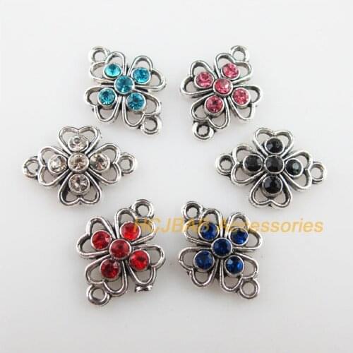 Fashion 12Pcs New Flower Charms Tibetan Silver Color Crystal Mixed Connectors 12.5x15mm