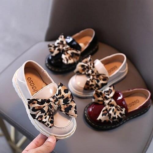 Fashion Girls Princess Shoes 2020 Autumn Kids Children Leopard Bow PU Leather Baby Anti-Slip Vintage Shoes Zapatos