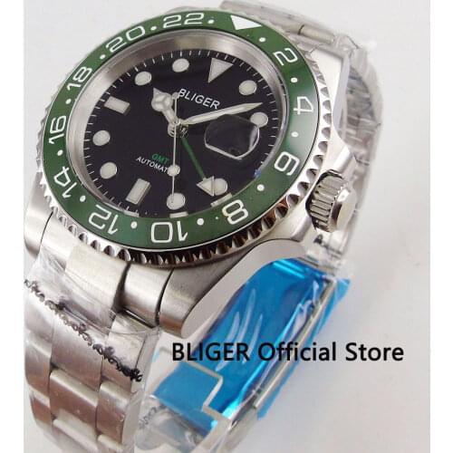 Solid BLIGER 40MM Black Dial Mens Watch Sapphire Crystal Ceramic Bezel GMT Function Automatic Movement Watch Men Luminous