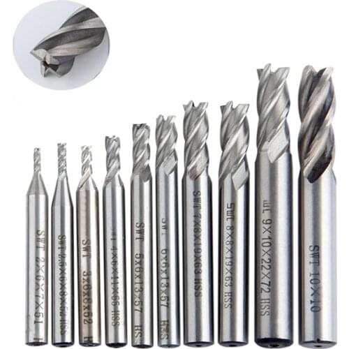 10PCS HSS Milling Cutter Bit Set 1.5 2 2.5 3 3.5 4 5 5.5 6 7 8 9 10 12mm CNC Straight Shank 4 Flute Mill Metal Cutter CNC Tools