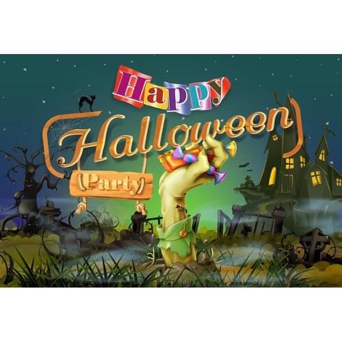 Night Photography Background Zombie With Candy In Hand In The Cemetery And Magic Castle Backdrop For Halloween Party Decortion