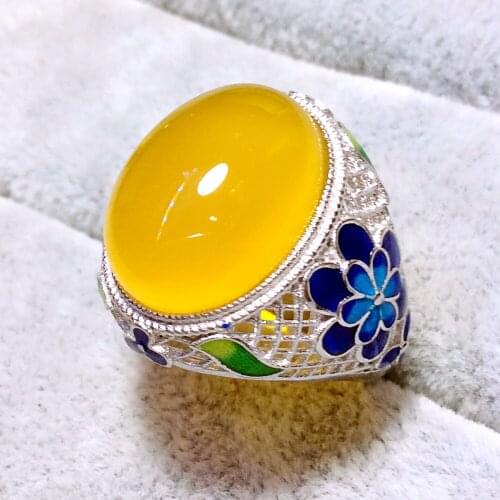 S925 Sterling Silver Inlaid Pure Natural Topaz Cloisonne Flower Open Ring