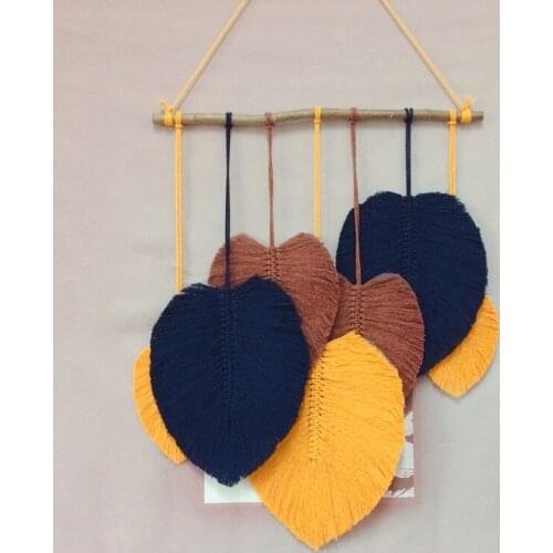 Macrame Leaf Wall Decor Tapestry Europian Style Gold Navy and Brown Leaves Cotton Rope Knitted Macraming