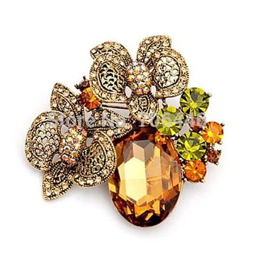 Vintage Antique Champagne Color Beautiful Flower Brooches with Glass Stone