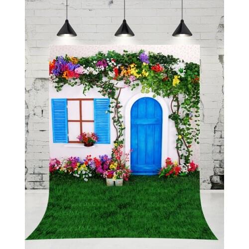 VinylBDS Outdoor Flowers Wall Kids Photography Backdrop Door Window Photo Studio Green Grass Background for Children Props