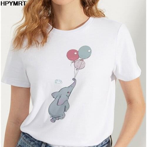 New t shirt women Pulled the balloon elephant printed O-neck tshirt female cute t shirt women 90s kawaii T-shirt hipster clothes