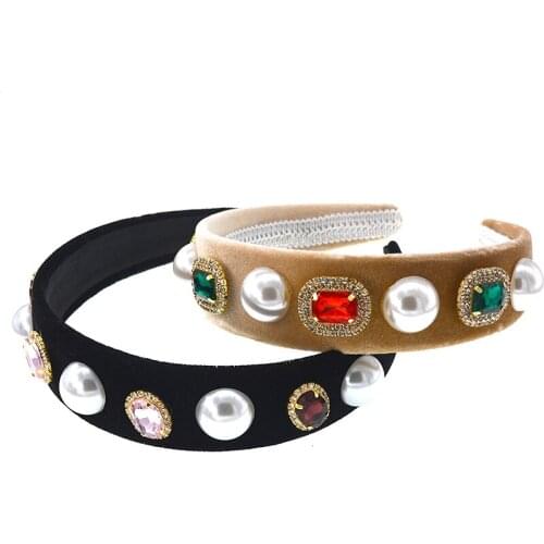 Wide Headband Luxury Vintage Flower Crystal Crown Tiara Black Headwear Women Wedding Hair Jewelry Headdress Accessory