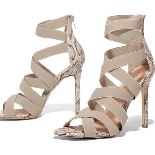 2020 Sandalias Mujer Womens Ladies Pumps Fashion Bandage Patchwork Mixed Colors Cross Strap Snake High Heels Sandals Casual 42