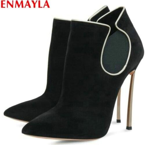 ENMAYLA Pointed Toe Thin Heels Flock Ankle Boots Basic Zip 2020 Winter Boots Women Sewing Luxury Shoes Women Designers 34-43