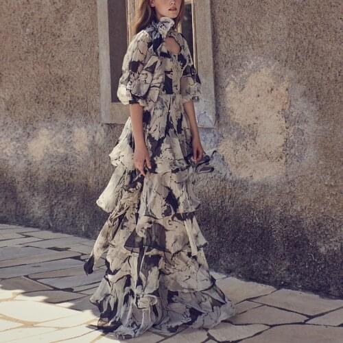 High Quality Printed Runway Dress Women 2020 Summer Vintage Elegant Bow Ruffles Pleated Long Party Dress Female