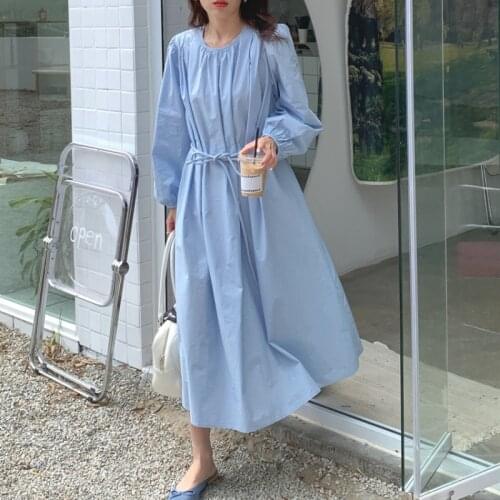 2021 New Women Spring Vintage Folds Loose Long Dress Sashes Lantern Sleeve Round Collar Pullover Maxi Dresses