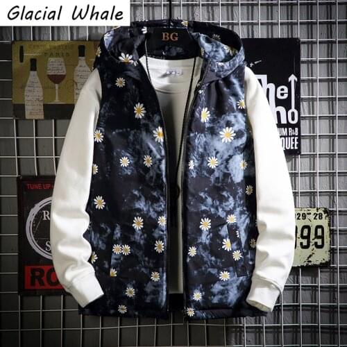 GlacialWhale Vest Jacket Men New Winter Warm Daisy Printed Sleeveless Jacket Male Winter Casual Waistcoat Oversized Men Vest