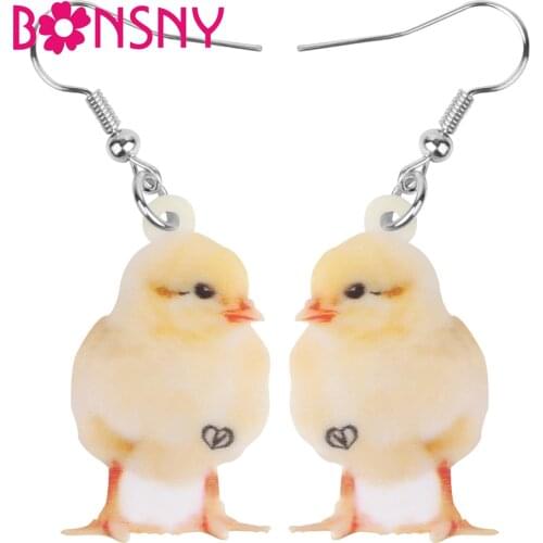 Bonsny Acrylic Yellow Chick Chicken Earrings Cute Big Print Farm Animal Dangle Drop Jewelry For Women Kid Novelty Gift Accessory