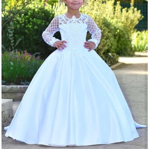 Ivory White Flower Girl Dress Lace Tiered Tulle Long Sleeve Girls First Communion Dress for Ceremony Birthday Gown