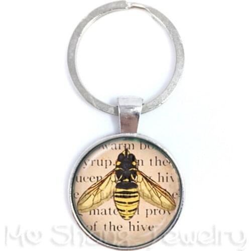 Yellow Queen Bee Keychain Honeybee Jewelry Entomology Insect Charm Glass Cabochon Photo Keyholder Gift For Friends