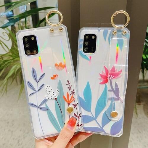 Wrist Strap Phone Case For Samsung S20 FE S21 S20 Plus Ultra A12 A31 A21S A71 A51 A50 A52 A72 Case Soft Transparent Flower Cover