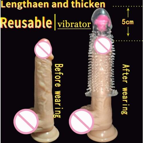 ELASUN Reusable Silicone Vibrator Condom With Spike Dildo Condom Vaginal Stimulation Delay Ejaculation Extension Sex Toy For Men