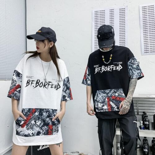 VERSMA Japanese Harajuku Camouflage Stitch Vintage T-shirts Men Women Kpop Streetwear Graffiti Printed Tshirts Men Dropshipping
