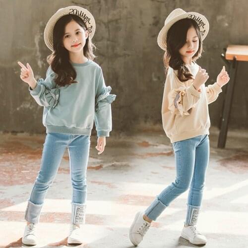Big Girl set 2020 new girls suit spring And Autumn big Child air lace sleeve Sweatshirt jeans childrens 2pcs Clothes